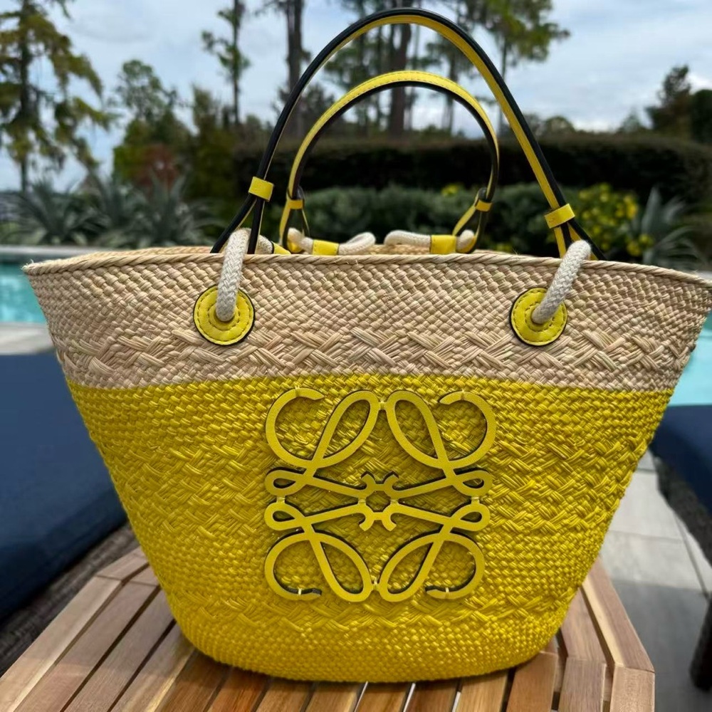 Loewe Anagram Colorblock Yellow Raffia Tote Bag - Picture 7 of 12